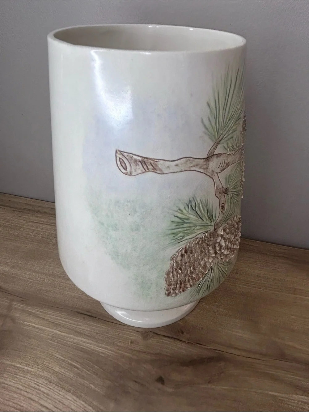 Vintage White Vase with Green and Brown Pinecone Design